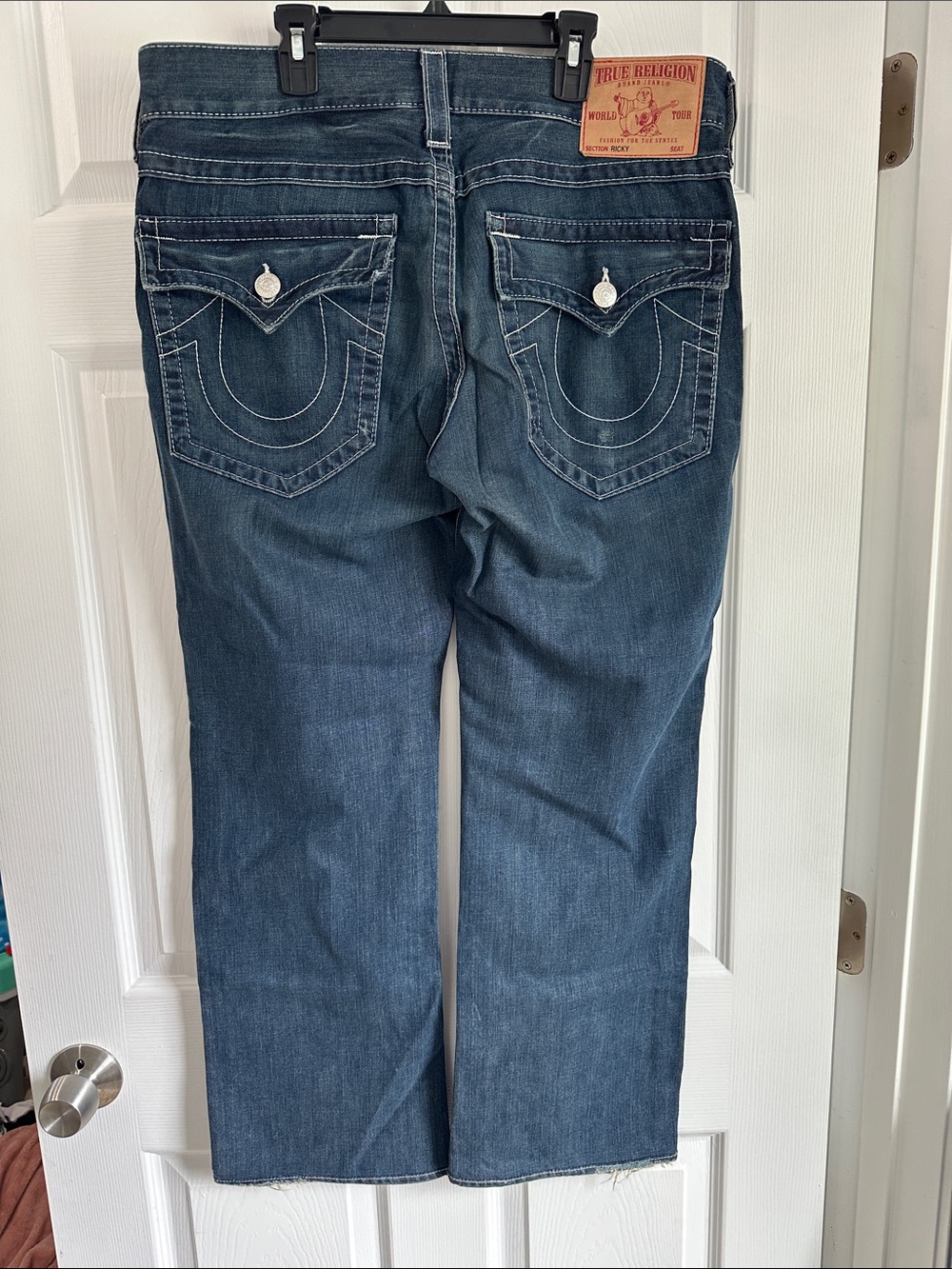 True Religion Indigo Blue Straight Leg Jeans with Signature Pocket Stitching